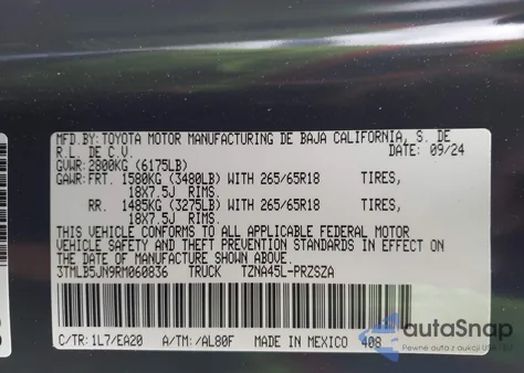 2024 Toyota Tacoma Trd Sport 4Wd z USA, uszkodzony, nr VIN 3TMLB5JN9RM060836